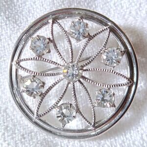 Carl Art Vintage Brooch Sterling Silver Rhinestone Floral Unique Circle Pin